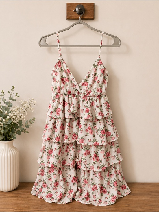 Altar'd State Dresses & Skirts - Altar'd State White Floral Tiered Ruffle Mini Dress - Pink Roses